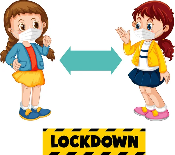 Lockdown Schrift Cartoon Stil Mit Zwei Kindern Die Auf Weißem — Stockvektor