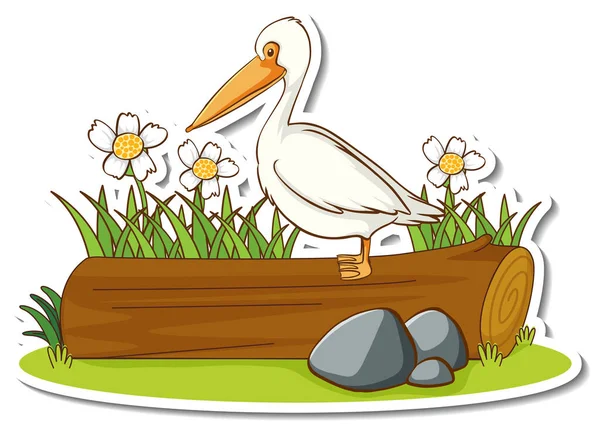 Een Pelikaan Vogel Staand Een Stam Sticker Illustratie — Stockvector