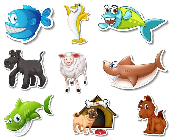 Set Adesivi Con Animali Marini Cani Cartone Animato Personaggio Illustrazione — Vettoriale Stock
