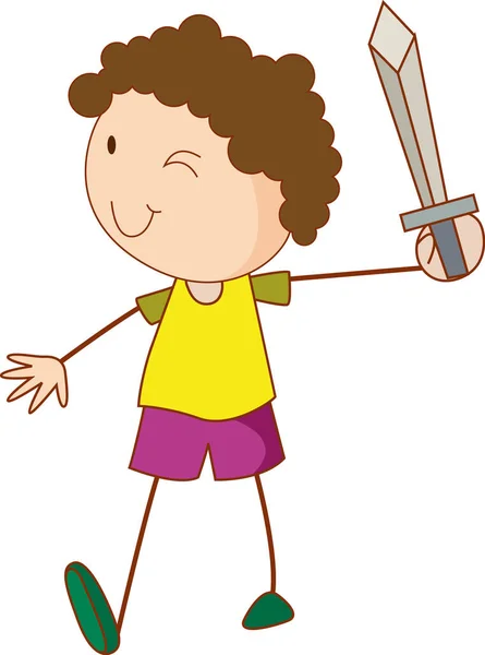 剣の漫画のキャラクターの孤立したイラストを保持している子供 — ストックベクタ