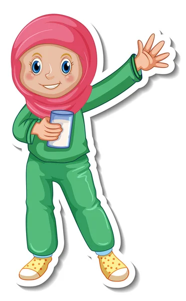 Sticker Template Muslim Girl Pajamas Costume Illustration — Stock Vector