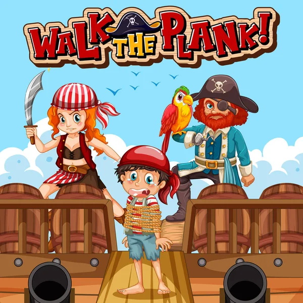 Walk Plank Banner Fuente Con Ilustración Personaje Dibujos Animados Pirata — Vector de stock