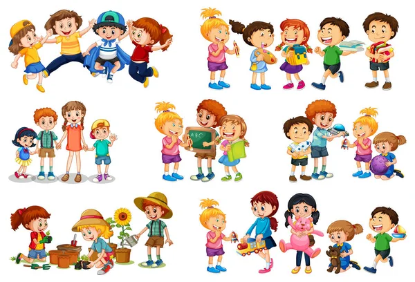 Conjunto Diferentes Niños Jugando Con Sus Juguetes Personaje Dibujos Animados — Vector de stock