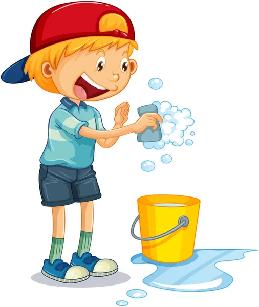 イラストをきれいにするための泡のついたスポンジを持つ男の子 — ストックベクタ