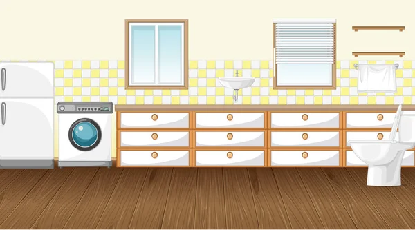 厕所图上有洗衣机和冰箱的空旷场景 — 图库矢量图片