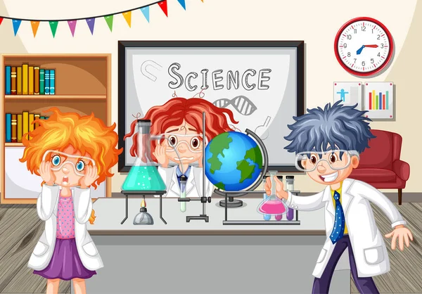 教室のイラストで化学実験をしている子供たち — ストックベクタ
