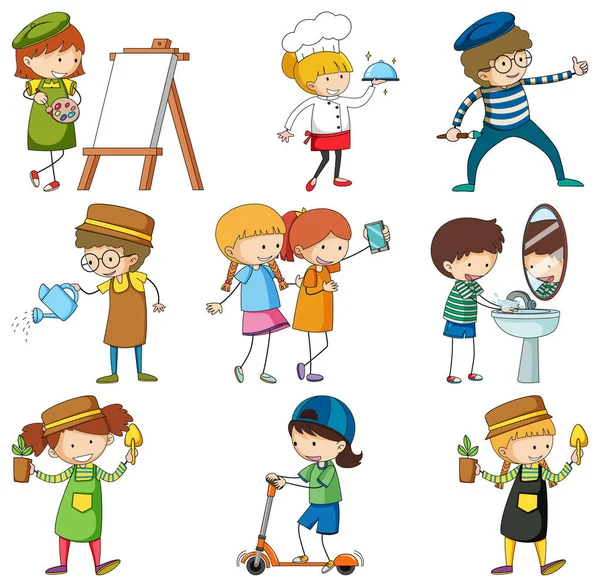 Ensemble Différentes Illustrations Personnages Dessins Animés Pour Enfants Doodle — Image vectorielle