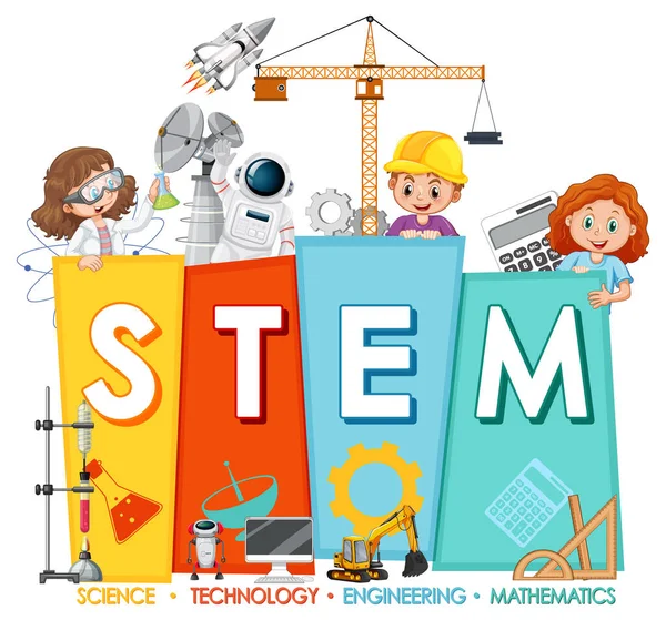 Stem Educazione Logo Con Bambini Cartone Animato Personaggio Illustrazione — Vettoriale Stock