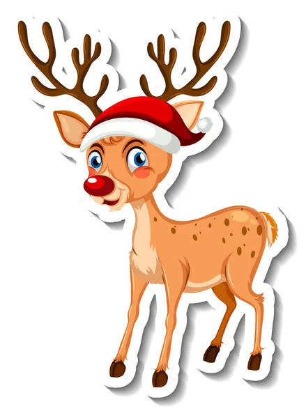 Sticker Template Christmas Reindeer Cartoon Character Isolated Illustration — Stock Vector