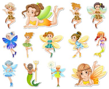 Üzerinde güzel periler ve çizgi film karakteri çizimleri olan çıkartmalar.