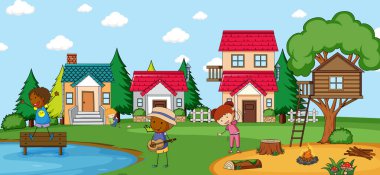 Park illüstrasyonunda oynayan bir sürü çocuğun olduğu açık hava sahnesi