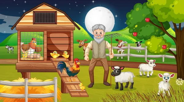 Bauernhof Der Nacht Szene Mit Alten Bauern Und Nutztieren Illustration — Stockvektor