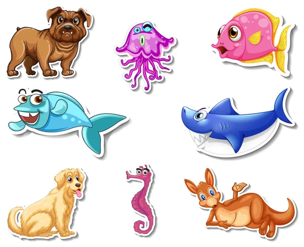 Jeu Autocollants Avec Animaux Marins Chiens Illustration Personnage Dessin Animé — Image vectorielle