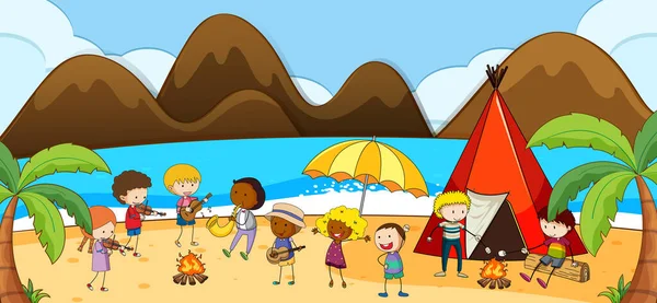 Strand Scene Met Veel Kinderen Doodle Tekenfilm Karakter Illustratie — Stockvector