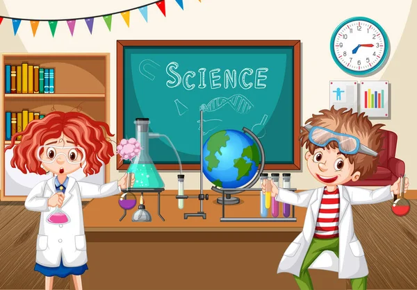 Zwei Junge Wissenschaftler Beim Chemie Experiment Klassenzimmer Illustration — Stockvektor