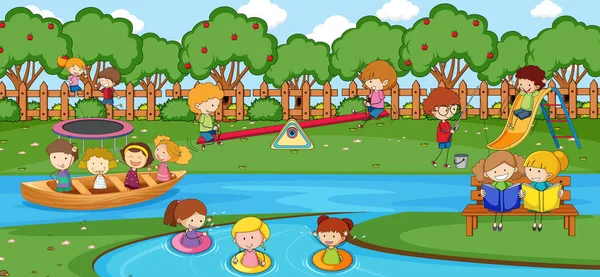 公園のイラストで遊んでいる多くの子供たちと屋外シーン — ストックベクタ