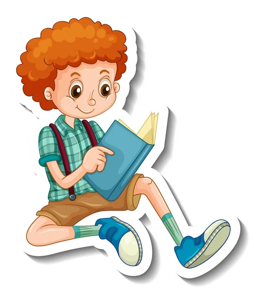 Plantilla Etiqueta Engomada Con Niño Leyendo Libro Ilustración Aislada Personaje — Vector de stock