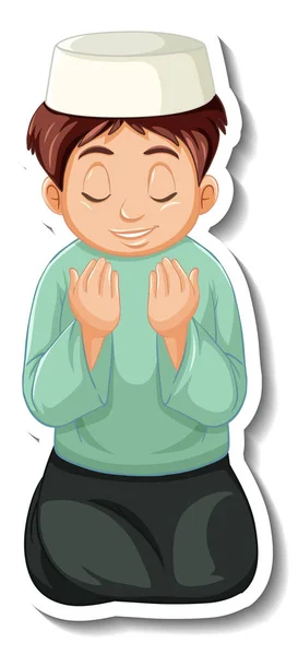 イスラム教徒の少年がイラストを祈るシールテンプレート — ストックベクタ