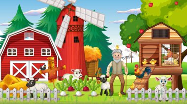 Çiftlik, yaşlı çiftçi ve çiftlik hayvanları resimleriyle dolu.