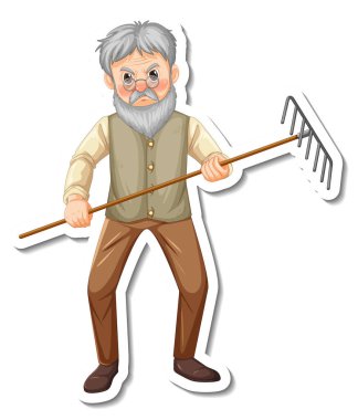 Bir bahçıvan ile çıkartma şablonu yaşlı adam tırmık tutma aracı münferit illüstrasyon tutar