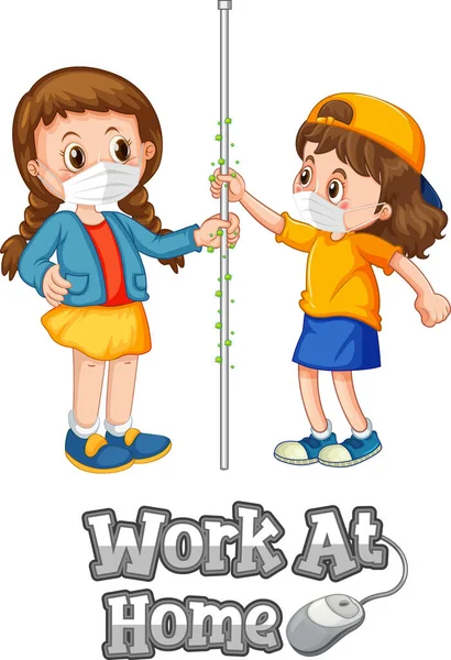 Work Home Schrift Cartoon Stil Mit Zwei Kindern Halten Soziale — Stockvektor