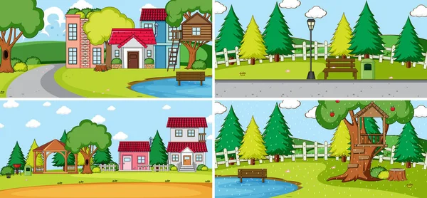 Set Case Diverse Scene Natura Illustrazione Stile Cartone Animato — Vettoriale Stock