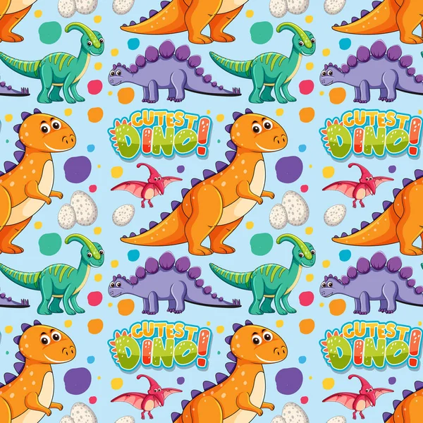 Padrão Sem Costura Com Dinossauros Bonitos Fonte Ilustração Fundo Azul — Vetor de Stock