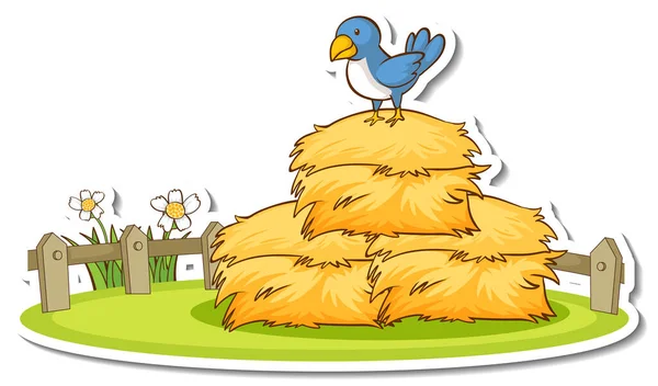 Little Bird Standing Haystack Sticker Illustration — Stock Vector