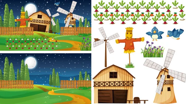 Conjunto Elementos Agrícolas Aislados Con Ilustración Escena Granja — Archivo Imágenes Vectoriales