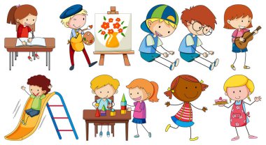 Farklı karalama çocukları çizgi film karakteri çizimleri