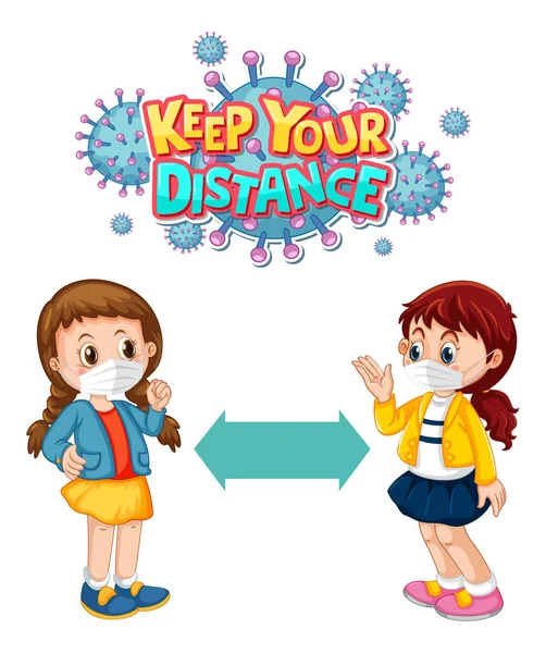 Keep Your Distance Font Cartoon Style Two Children Keeping Social — Stock Vector