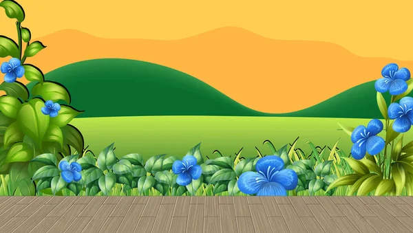 Campo Flores Grama Verde Com Fundo Montanha Pôr Sol Ilustração — Vetor de Stock