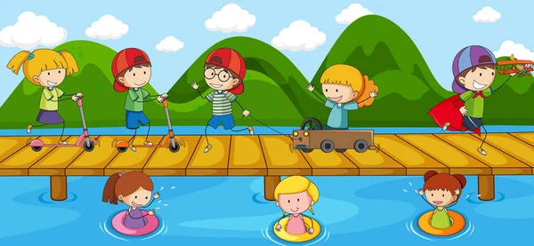 Scène Met Veel Dooddle Kinderen Cartoon Karakter Brug Kruising Rivier — Stockvector