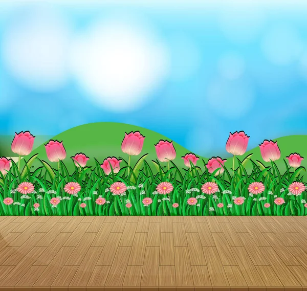 Fondo Naturaleza Con Campo Flores Hierba Verde Ilustración — Vector de stock