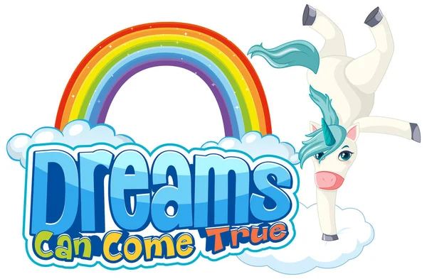 Eenhoorn Stripfiguur Met Dream Can Come True Lettertype Banner Illustratie — Stockvector