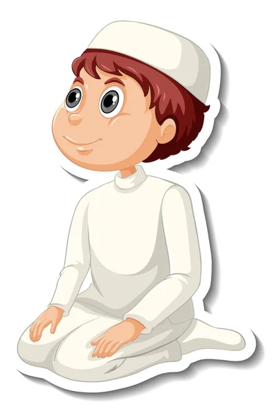 Modelo Adesivo Com Menino Muçulmano Oração Pose Desenho Animado Personagem — Vetor de Stock