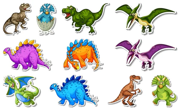 Farklı tip dinozor çizgi film karakterleri çizimleri içeren çıkartma seti