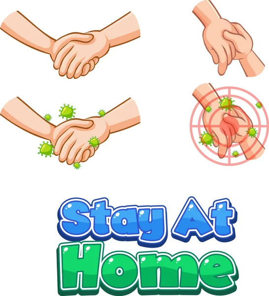 Stay Home Betűtípus Tervezés Vírus Terjed Kezet Rázás Fehér Háttér — Stock Vector