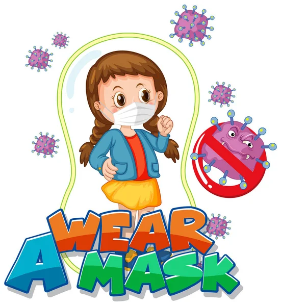 Wear Mask Font Design Girl Wearing Medical Mask White Background — Stock Vector