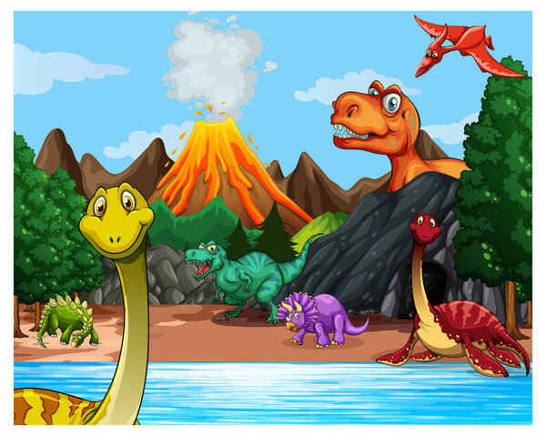 Prehistoric forest scene with various dinosaurs illustration