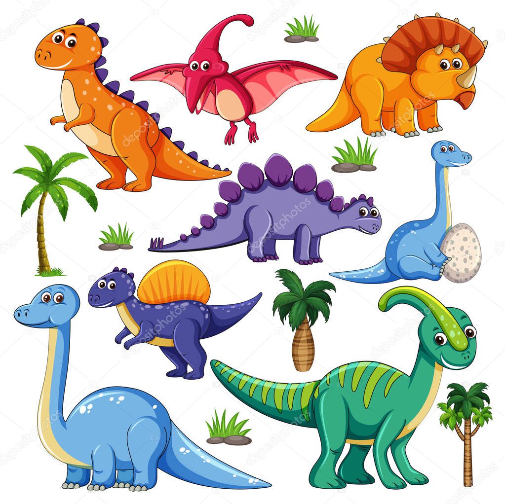Set of isolated various dinosaurs cartoon character on white background illustration