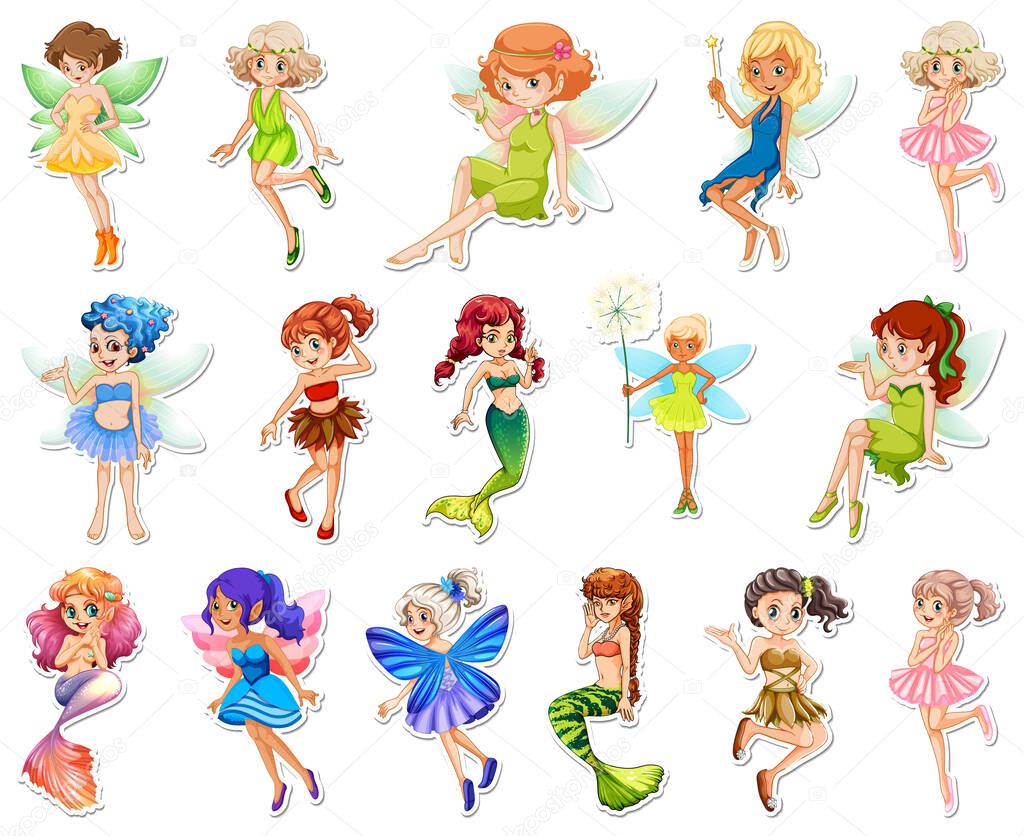 Set of stickers with beautiful fairies and mermaid cartoon character illustration
