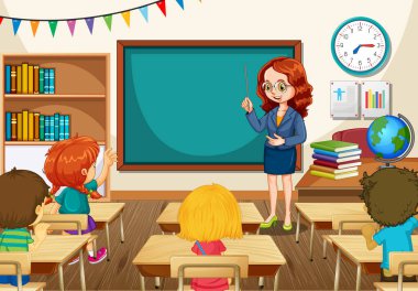 Öğretmenler sınıf sahne resimlerinde öğrencilere öğretiyor