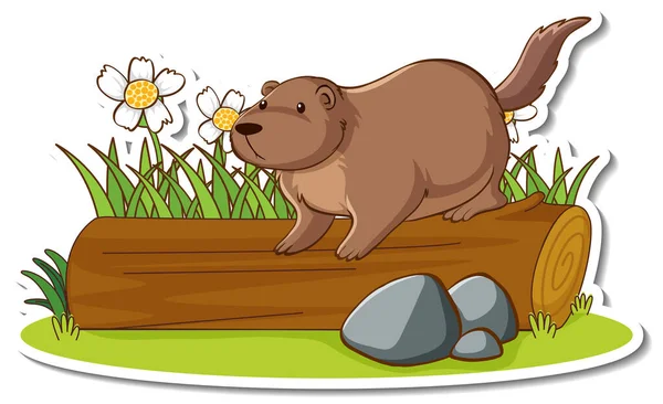 Leuke Otter Staand Een Log Sticker Illustratie — Stockvector