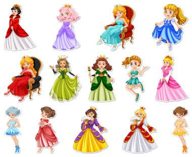 Farklı peri masalı karakter çizimleri içeren etiket seti