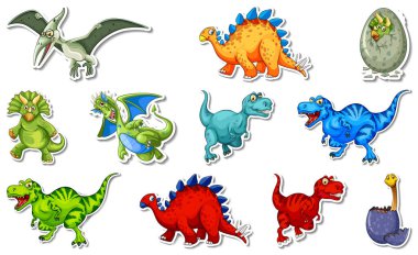 Farklı tip dinozor çizgi film karakterleri çizimleri içeren çıkartma seti