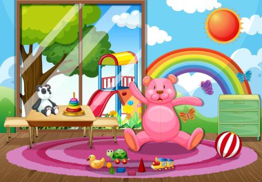 Anaokulu içi boş, içi çocuk oyuncakları resimleriyle dolu.