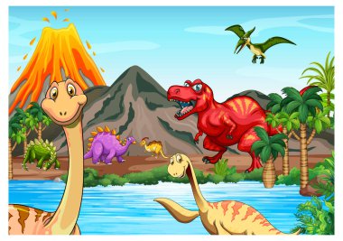 Çeşitli dinozor resimleriyle tarih öncesi manzara