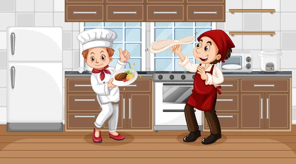 Escena Cocina Con Dos Chefs Ilustración Personajes Dibujos Animados — Vector de stock
