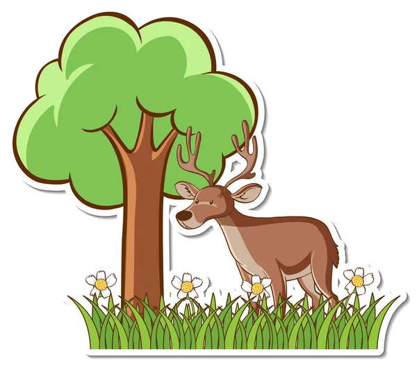 Deer Standing Grass Field Sticker Illustration — Stock Vector